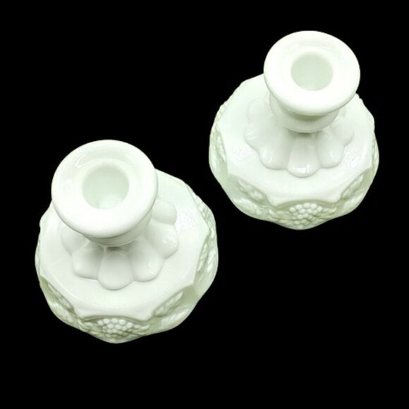 Vintage Westmoreland White Milk Glass Grape Leaves Candle Holders (2) - Picture 2 of 4